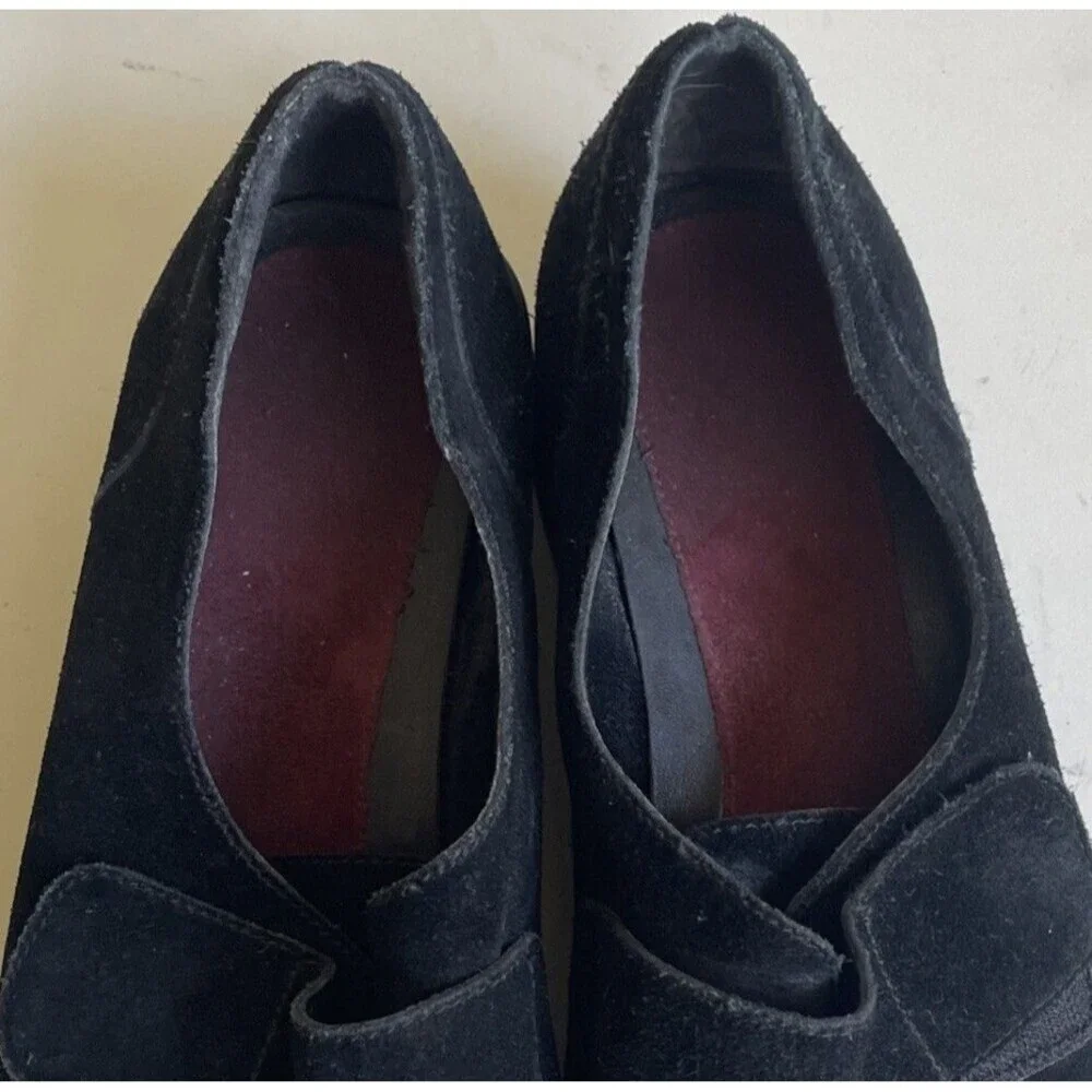Aerosoles Black Suede Leather Chunky Loafers 8 Womens Cargo Slip Ons Hook & Loop